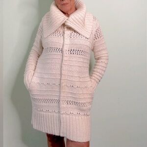 Rachel Roy Long Sweater Coat Beige Wide Collar Size Small